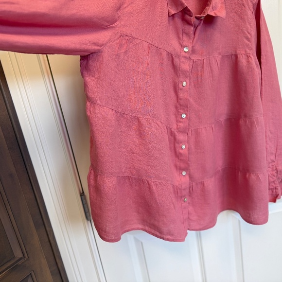 J.Jill 100% L Large Linen Tiered Seam Button Up Shirt Blouse Top Dusty Pink - Picture 2 of 16